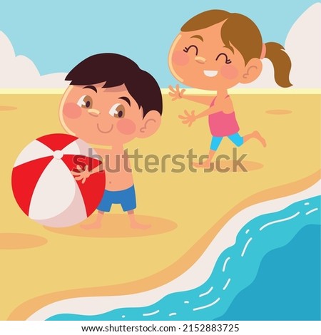 kids with ball in beach, summer