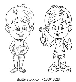 Kids with ball and tools. Drawing style black on white.