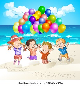 Kids with balloons at the beach 