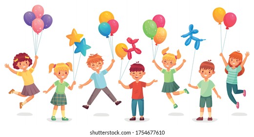 Kids with balloons. Happy children jumping and holding balloons of different shapes as dog and star and size. Cheerful boys, girls having celebration. Enjoying time with friends vector illustration.