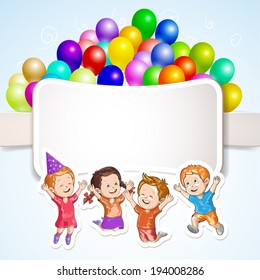 Kids with balloons over banner