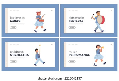 Kids Band In Blue Uniform Marching On Parade Landing Page Template Set. Happy Girls And Boys Play Festival Music With Drum, Brass Horn And Tuba, Children Walk. Cartoon Vector People Illustration