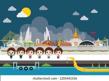 Kids in Bangkok, Thailand and Landmarks. flat style.