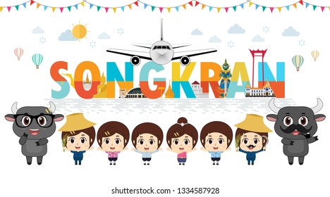 Kids in Bangkok, Thailand and Landmarks and travel place. flat design