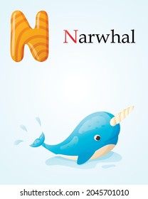 Kids banner with english alphabet letter N and cartoon image of cute narwhal with a big horn splashing in the water.