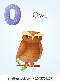 Kids banner with english alphabet letter O and cartoon image of wise forest owl sitting on a branch with leaves