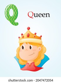 Kids banner with english alphabet letter Q and cartoon image of cute girl queen with gold crown and precious stones.