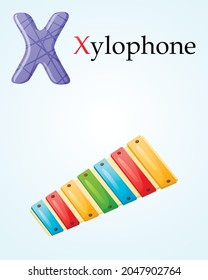 Kids banner with english alphabet letter X and cartoon image of children musical toy xylophone