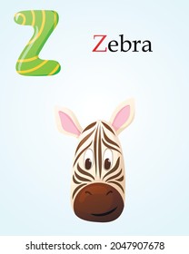 Kids banner with english alphabet letter Z and cartoon image of striped zebra head