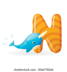 Kids banner with english alphabet letter N and cartoon image of cute narwhal with a big horn splashing in the water.