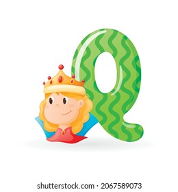 Kids banner with english alphabet letter Q and cartoon image of cute girl queen with gold crown and precious stones.