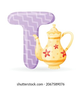 Kids banner with english alphabet letter T and cartoon image of porcelain or ceramic teapot decorated with flowers.