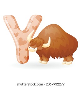 Kids banner with english alphabet letter Y and cartoon image of large animal yak with horns and long hair.