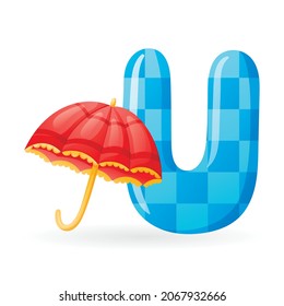 Kids banner with english alphabet letter U and cartoon image of bright opened decorated umbrella.
