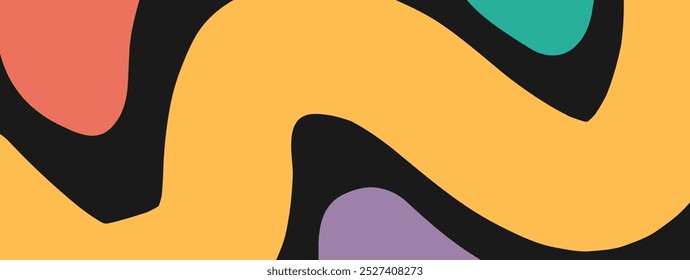 Kids banner with fun comic doodle black yellow wavy fluid liquid shapes design simple vector graphic illustration set, modern childish vivid background backdrop poster card template hand drawn
