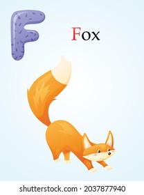 Kids banner template with english alphabet letter F and cartoon image of a sly cute fox with a fluffy tail.