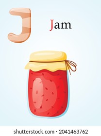 Kids banner template with english alphabet letter J and cartoon image of glass jar with sweet strawberry or raspberry jam