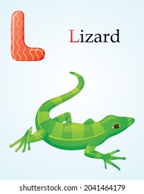 Plantilla de banner para niños con letra inglesa L y caricatura de un lagarto rayado de anfibio verde.