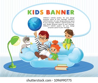 Kids banner template for pupils of kindergartens and schoolchildren. 