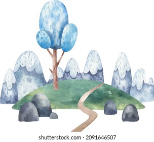 kids banner with winter tree on the hill, mountain landscape,   illustration