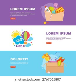 Kids banners. ads template with containers for toys