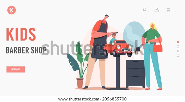Kids Barber Shop Landing Page Template.\
Hairdresser Make Hairstyle to Little Child Sitting in Car Chair\
front of Mirror in Children Salon, Son in Kids Barbershop. Cartoon\
People Vector\
Illustration