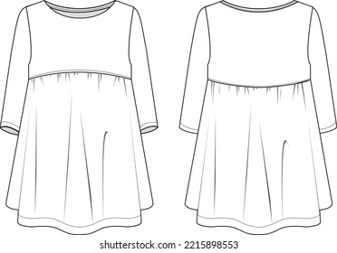 kids basic dress long sleeve cad technical drawing vector