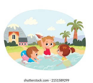 Niños bañándose y nadando en un río azul, lago, mar. Palmeras, montañas en segundo plano. Niños alegres descansando, disfrutando de las vacaciones de verano, tomando el sol en la playa, una chica encontró una concha. Ilustración del vector