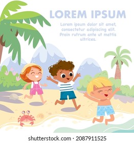 Kids bathing and swimming in blue water in tropical sea with palm trees on background. Vector illustration. Joyful children enjoying summer vacation, rest, sunbathing on the seaside at tropical resort