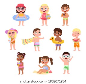 Kids beach. Funny little children with summer accessories, smiling girls and boys in swimsuits with elements of pool games and sea holidays. Tropical vacation vector cartoon isolated on white set