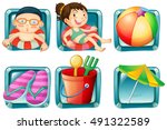 Kids and beach objects square badges illustration