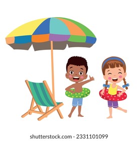 Kids at the beach with an umbrella and a foldable bed