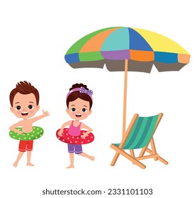 Kids at the beach with an umbrella and a foldable bed
