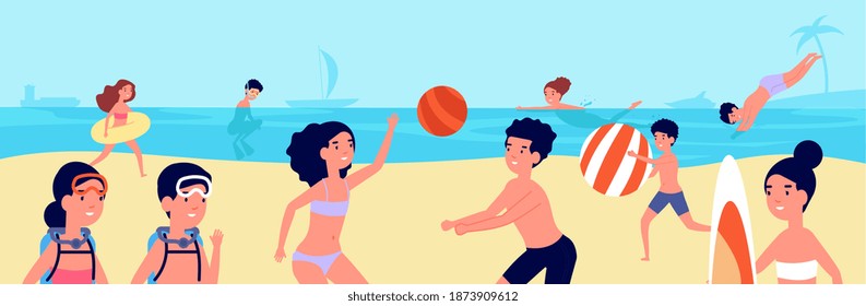 Kids beach vacations. Children swimming, playing with toys on sea. Cartoon funny summer characters, ocean travel utter vector illustration