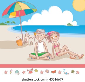 Kids at the beach. Vector illustration of two teens spending a day at the beach.