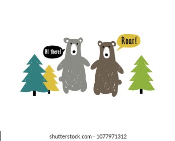 Kids bear and fir-tree forest t-shirt composition. Doodle scandinavian simple illustration design. Baby boy bear and nature graphic objects isolated on white background. 