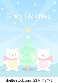 Kids bear's in kawaii style with x mas tree background for card baner poster cute winter animals 