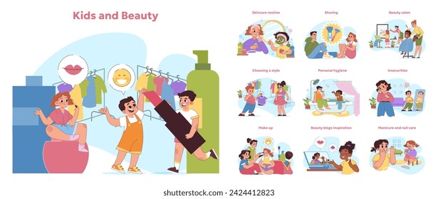 Kids and beauty concept set. Children engaging in beauty routines, choosing styles, and learning personal care. Vector illustration