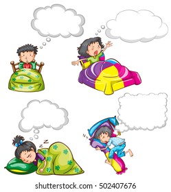 Kids in bed and dream clouds illustration
