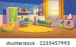 Kids bedroom with bed, table, chair, toys and wardrobe. Child room, nursery interior with books on shelf, pictures on wall, bean bag chair and carpet, vector illustration in contemporary style