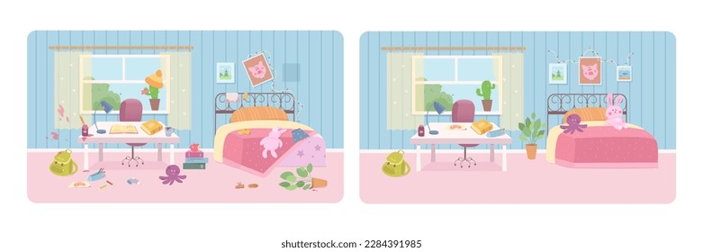 Kids bedroom before and after cleaning, messy and clean room interior set vector illustration. Cartoon mess of dolls, garbage and books on table, carpet and bed and tidy nursery area comparison