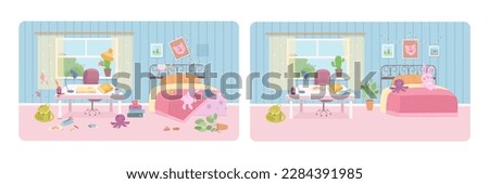 Kids bedroom before and after cleaning, messy and clean room interior set vector illustration. Cartoon mess of dolls, garbage and books on table, carpet and bed and tidy nursery area comparison