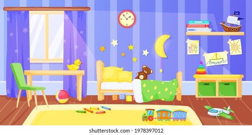 Kids bedroom. Cartoon preschool child bedroom interior with furniture and toys. Children room, nursery for boy or girl vector illustration. Comfortable indoor furnishing with ball, train and bear