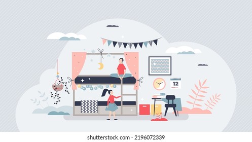 Kids bedroom with cosy and cute children interior design tiny person concept. Home with boy and girl in room with two level shared bed and table for toddlers vector illustration. Apartment for