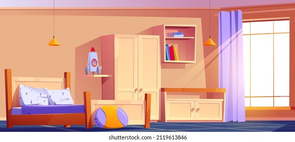 Kids bedroom, empty child room indoors interior with bed, pillow on rug, cupboard, rocket toy and books on shelves, wooden furniture and wide curtained window, cozy place Cartoon vector illustration