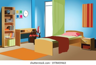 Kids Bedroom full of colors. Layout of a youth room with blue walls and a window in the corner of the room