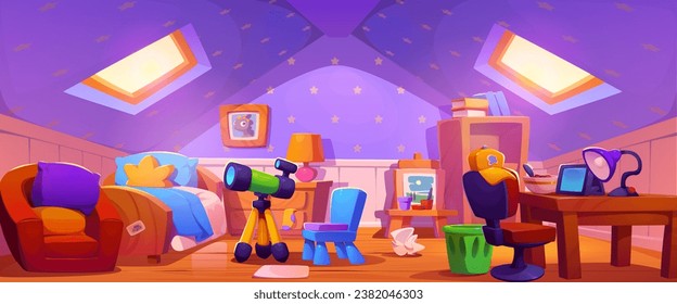 Kids bedroom in house attic. Vector cartoon illustration of tidy room with wooden bed, drawer, tablet on table, chair, armchair with cushions, bookcase, easel and paints, telescope, stars on ceiling