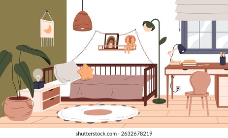 Kids bedroom interior. Cozy modern style childs room with furniture, bed, study desk, table, chair, home plant, window and decoration, comfortable Scandinavian design. Flat vector illustration.