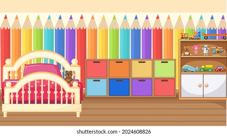 KIds bedroom interior design with furniture  illustration