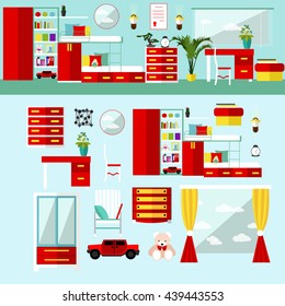 Kids bedroom interior in flat style. Vector illustration. House room design elements and icons.